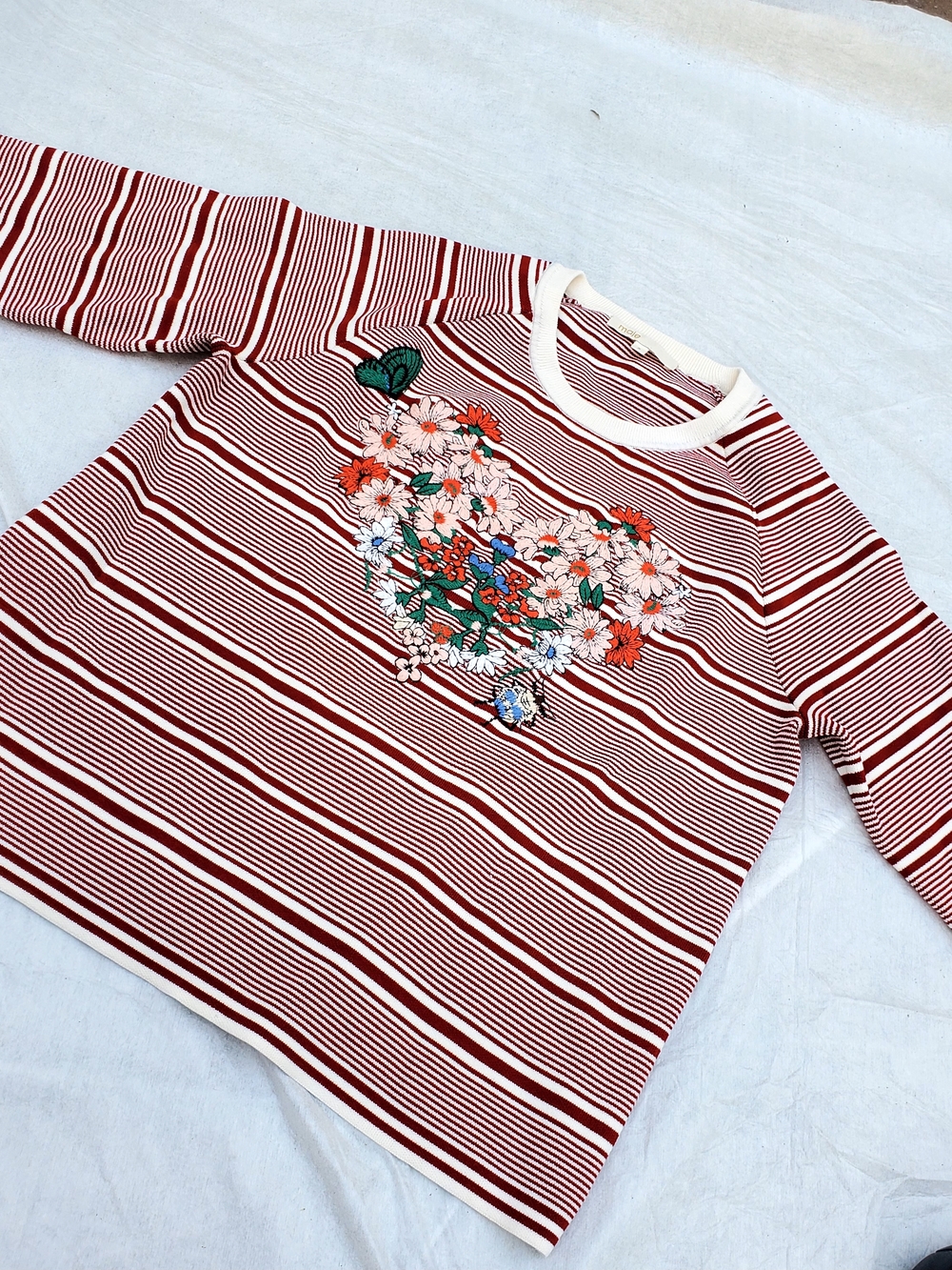 Maje Red and White Striped Floral Heart Sweater